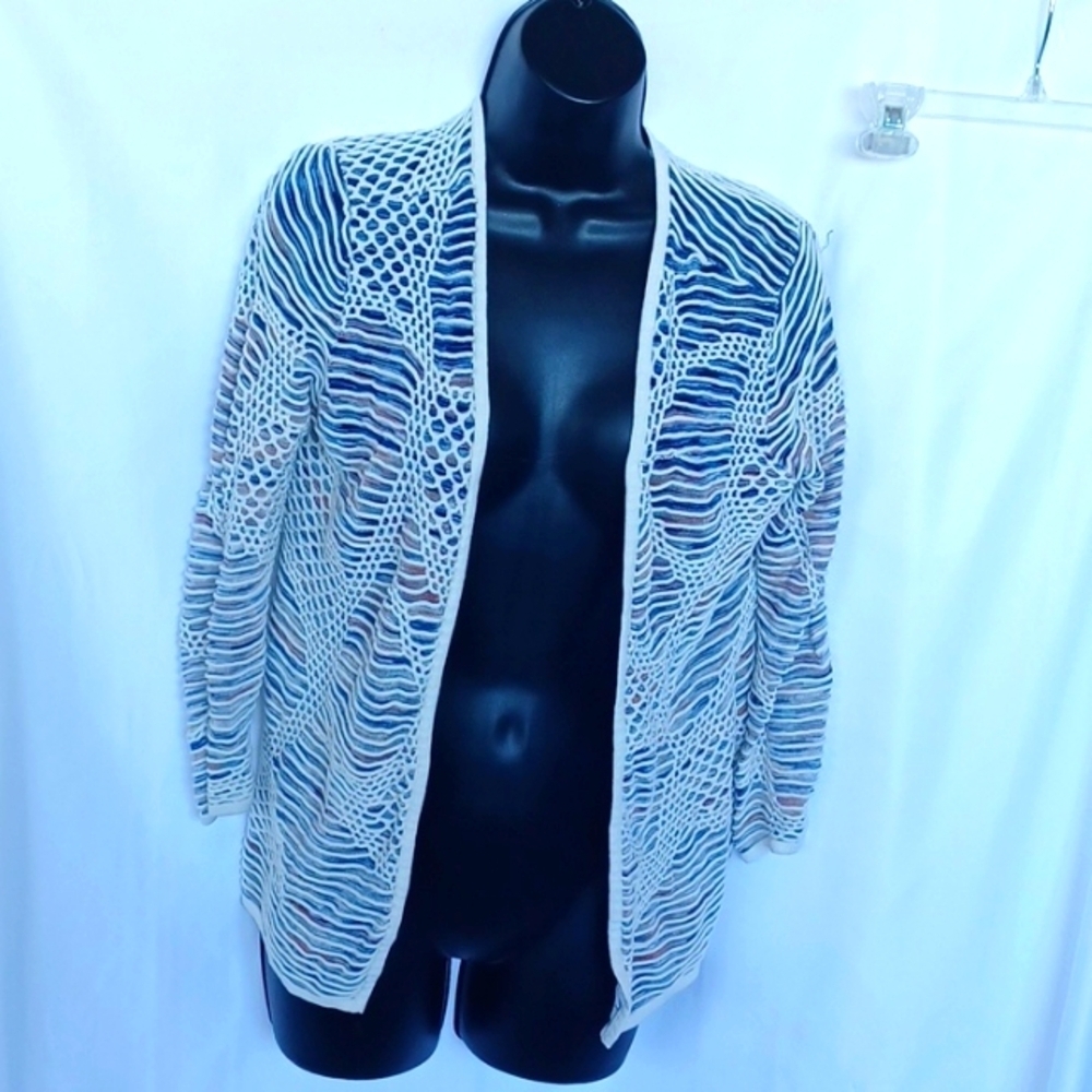 Nic + Zoe multi colored web cardigan, 3/4 Sleeve, Open Area On One Sleeve